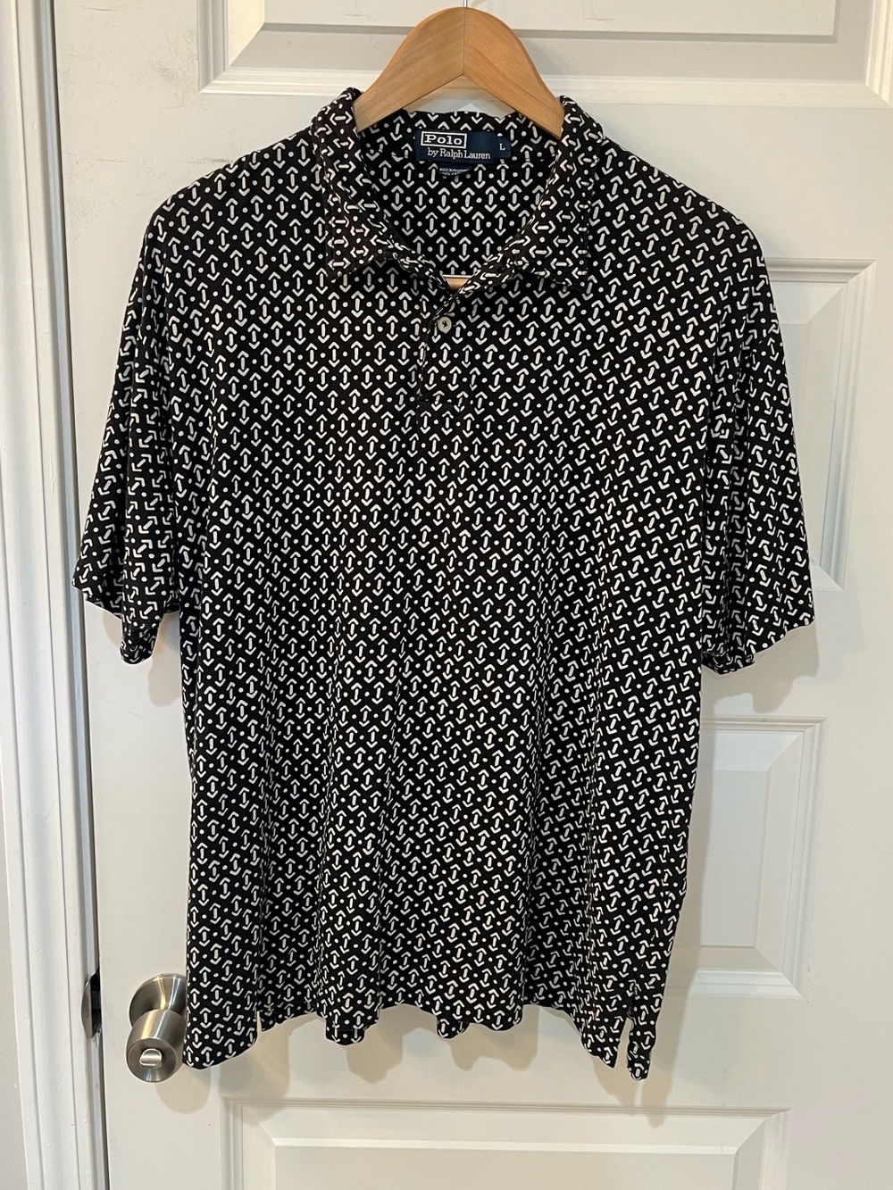 VTG 90s Polo Ralph Lauren Geometric All Over Print Polo Shirt Black White Mens L